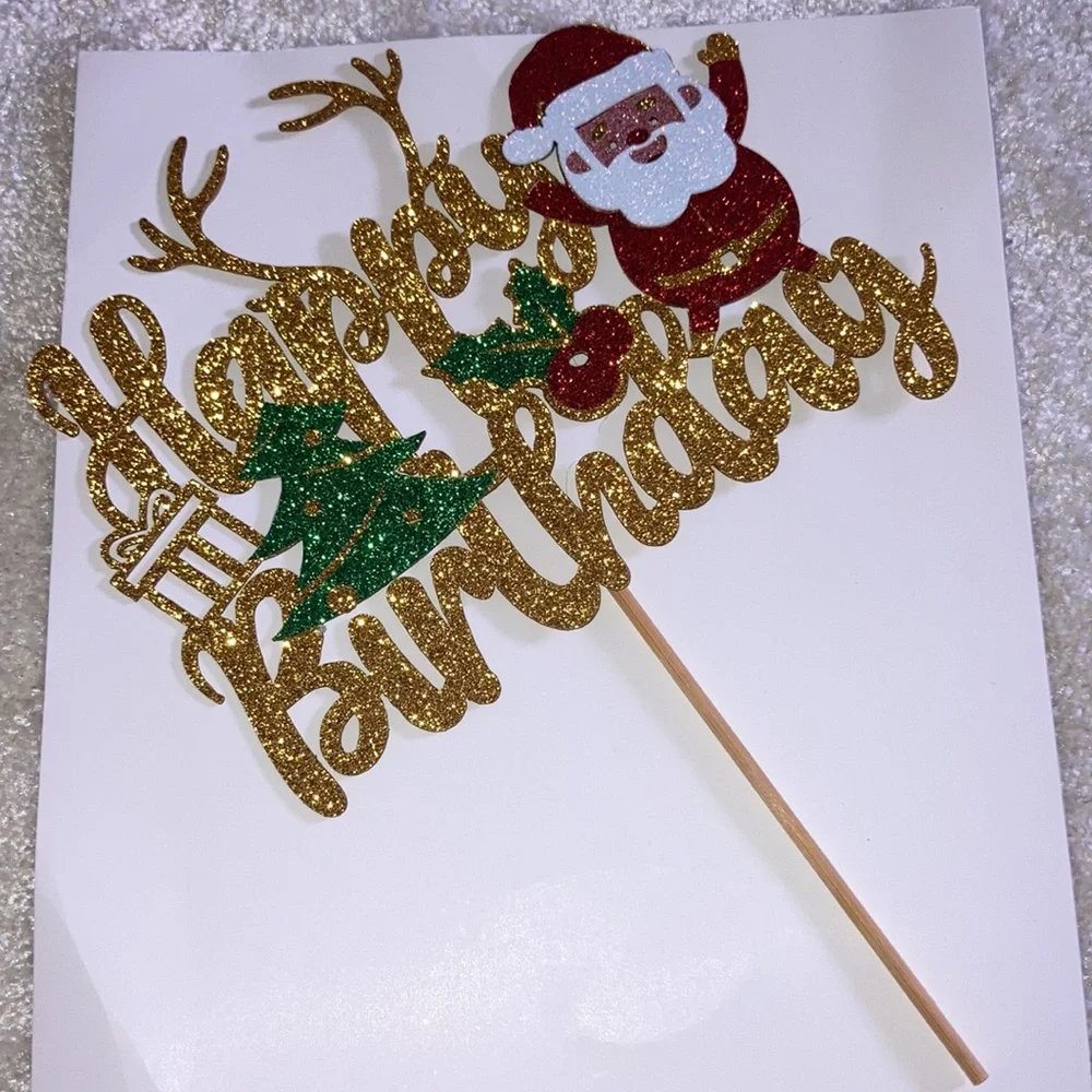 Merry Christmas Happy Birthday Santa Gold Party Cake Topper Decoration New